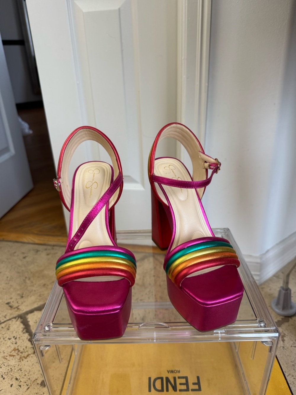 Jessica Simpson Fuchsia Platform Sandals with Rainbow Straps
